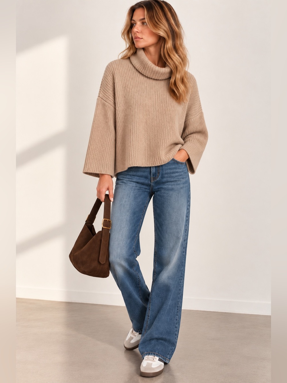 525 America Revolve Beige Cotton Oversized Turtleneck Bell Sleeve Knit Sweater L